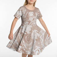 Aloha Hawaii Turtles Floral Kid Short Sleeve Dress Taupe Marbles Glaze LT7 - Polynesian Pride