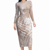Aloha Hawaii Turtles Floral Long Sleeve Bodycon Dress Taupe Marbles Glaze LT7 Long Dress Taupe - Polynesian Pride
