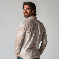 Aloha Hawaii Turtles Floral Long Sleeve Polo Shirt Taupe Marbles Glaze LT7 - Polynesian Pride