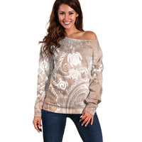 Aloha Hawaii Turtles Floral Off Shoulder Sweater Taupe Marbles Glaze LT7 Women Taupe - Polynesian Pride