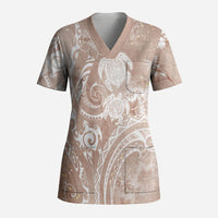 Aloha Hawaii Turtles Floral Scrub Top Taupe Marbles Glaze LT7 Adult Taupe - Polynesian Pride