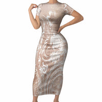 Aloha Hawaii Turtles Floral Short Sleeve Bodycon Dress Taupe Marbles Glaze LT7 Long Dress Taupe - Polynesian Pride