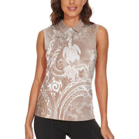 Aloha Hawaii Turtles Floral Women Sleeveless Polo Shirt Taupe Marbles Glaze LT7 - Polynesian Pride