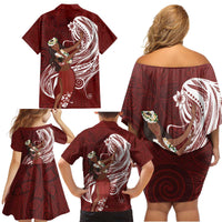 Tahiti Islands Polynesian Plumeria Family Matching Off Shoulder Short Dress and Hawaiian Shirt Tahitian Vahine 'Ote'a - Scarlet