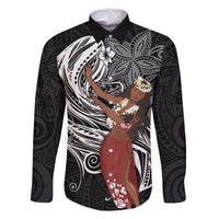Tahiti Islands Polynesian Plumeria Family Matching Long Sleeve Bodycon Dress and Hawaiian Shirt Tahitian Vahine 'Ote'a - Black