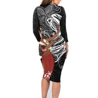 Tahiti Islands Polynesian Plumeria Family Matching Long Sleeve Bodycon Dress and Hawaiian Shirt Tahitian Vahine 'Ote'a - Black