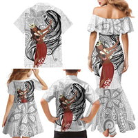 Tahiti Islands Polynesian Plumeria Family Matching Mermaid Dress and Hawaiian Shirt Tahitian Vahine 'Ote'a - White