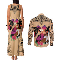 Polynesian Couples Matching Tank Maxi Dress and Long Sleeve Button Shirts Dog Lover With Border Collie - Sunset At The Beach LT7 - Polynesian Pride