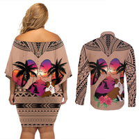 Polynesian Couples Matching Off Shoulder Short Dress and Long Sleeve Button Shirts Dog Lover With Border Collie - Sunset At The Beach Brown Ver LT7 - Polynesian Pride
