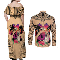 Polynesian Couples Matching Off Shoulder Maxi Dress and Long Sleeve Button Shirts Dog Lover With German Shepherd - Sunset At The Beach LT7 - Polynesian Pride