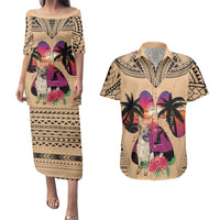 Polynesian Couples Matching Puletasi Dress and Hawaiian Shirt Dog Lover With German Shepherd - Sunset At The Beach LT7 Coral - Polynesian Pride