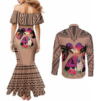 Polynesian Couples Matching Mermaid Dress and Long Sleeve Button Shirts Dog Lover With German Shepherd - Sunset At The Beach Brown Ver LT7 - Polynesian Pride