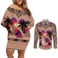 Polynesian Couples Matching Off Shoulder Short Dress and Long Sleeve Button Shirts Dog Lover With Shiba Inu - Sunset At The Beach Brown Ver LT7 Brown - Polynesian Pride