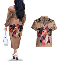 Polynesian Couples Matching Off The Shoulder Long Sleeve Dress and Hawaiian Shirt Dog Lover With Shiba Inu - Sunset At The Beach Brown Ver LT7 - Polynesian Pride