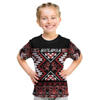 Personalised Aotearoa Waitangi Kid T Shirt Taniko Motifs - Mania Gecko LT7 Red - Polynesian Pride