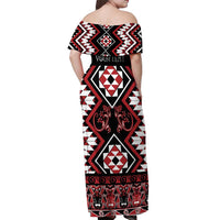 Personalised Aotearoa Waitangi Off Shoulder Maxi Dress Taniko Motifs - Mania Gecko
