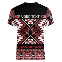 Personalised Aotearoa Waitangi Women V-Neck T-Shirt Taniko Motifs - Mania Gecko LT7 - Polynesian Pride