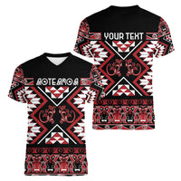 Personalised Aotearoa Waitangi Women V-Neck T-Shirt Taniko Motifs - Mania Gecko LT7 - Polynesian Pride