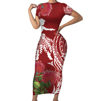 Personalised Hawaii Wahine Short Sleeve Bodycon Dress Women's Day Ohia Lehua LT7 Long Dress Red - Polynesian Pride