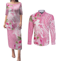 Personalised Hawaii Wahine Couples Matching Puletasi and Long Sleeve Button Shirt Women's Day Maui Lokelani Roses LT7 Pink - Polynesian Pride