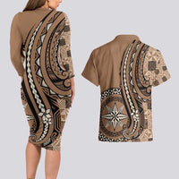 Personalized Tonga Ngatu Couples Matching Long Sleeve Bodycon Dress and Hawaiian Shirt Vintage Brown Manulua Motifs