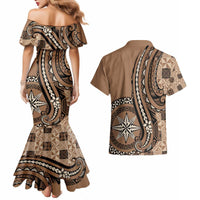 Personalized Tonga Ngatu Couples Matching Mermaid Dress and Hawaiian Shirt Vintage Brown Manulua Motifs