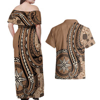 Personalized Tonga Ngatu Couples Matching Off Shoulder Maxi Dress and Hawaiian Shirt Vintage Brown Manulua Motifs