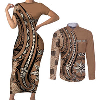 Personalized Tonga Ngatu Couples Matching Short Sleeve Bodycon Dress and Long Sleeve Button Shirt Vintage Brown Manulua Motifs