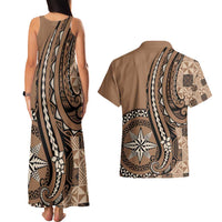 Personalized Tonga Ngatu Couples Matching Tank Maxi Dress and Hawaiian Shirt Vintage Brown Manulua Motifs
