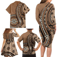Personalized Tonga Ngatu Family Matching Long Sleeve Bodycon Dress and Hawaiian Shirt Vintage Brown Manulua Motifs