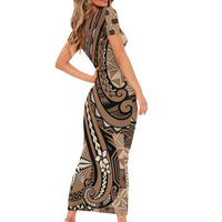 Personalized Tonga Ngatu Family Matching Short Sleeve Bodycon Dress and Hawaiian Shirt Vintage Brown Manulua Motifs