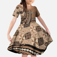 Personalized Tonga Ngatu Kid Short Sleeve Dress Vintage Brown Manulua Motifs