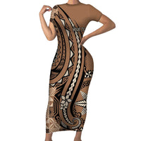 Personalized Tonga Ngatu Short Sleeve Bodycon Dress Vintage Brown Manulua Motifs