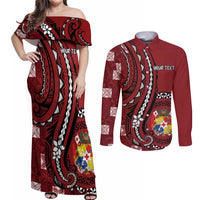 Personalized Tonga Ngatu Couples Matching Off Shoulder Maxi Dress and Long Sleeve Button Shirt Iconic Red Manulua Motifs