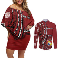 Personalized Tonga Ngatu Couples Matching Off Shoulder Short Dress and Long Sleeve Button Shirt Iconic Red Manulua Motifs