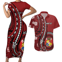 Personalized Tonga Ngatu Couples Matching Short Sleeve Bodycon Dress and Hawaiian Shirt Iconic Red Manulua Motifs