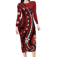 Personalized Tonga Ngatu Family Matching Long Sleeve Bodycon Dress and Hawaiian Shirt Iconic Red Manulua Motifs