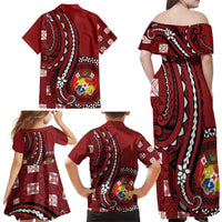 Personalized Tonga Ngatu Family Matching Off Shoulder Maxi Dress and Hawaiian Shirt Iconic Red Manulua Motifs