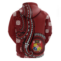 Personalized Tonga Ngatu Zip Hoodie Iconic Red Manulua Motifs
