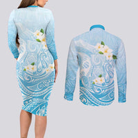 Guam Fishhook Mix Guasali Flowers Couples Matching Long Sleeve Bodycon Dress and Long Sleeve Button Shirt Dreaming Turquoise