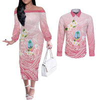 Guam Fishhook Mix Guasali Flowers Couples Matching Off The Shoulder Long Sleeve Dress and Long Sleeve Button Shirt Dreaming Coral