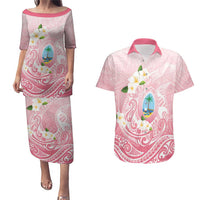 Guam Fishhook Mix Guasali Flowers Couples Matching Puletasi and Hawaiian Shirt Dreaming Coral LT7 Pink - Polynesian Pride