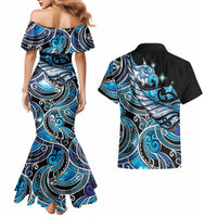 Maori Matariki - Manaia Couples Matching Mermaid Dress and Hawaiian Shirt Galaxy Blue Paua Shell LT7 - Polynesian Pride