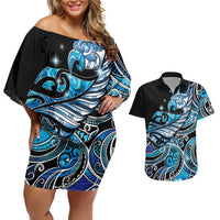Maori Matariki - Manaia Couples Matching Off Shoulder Short Dress and Hawaiian Shirt Galaxy Blue Paua Shell LT7 Blue - Polynesian Pride