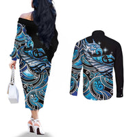 Maori Matariki - Manaia Couples Matching Off The Shoulder Long Sleeve Dress and Long Sleeve Button Shirt Galaxy Blue Paua Shell LT7 - Polynesian Pride