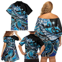 Maori Matariki - Manaia Family Matching Off Shoulder Short Dress and Hawaiian Shirt Galaxy Blue Paua Shell