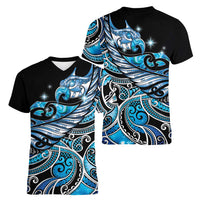 Maori Matariki - Manaia Women V-Neck T-Shirt Galaxy Blue Paua Shell