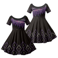Aotearoa Maori Ngati Porou Iwi Family Matching Off The Shoulder Long Sleeve Dress and Hawaiian Shirt Korowai Tukutuku Kaokao Motifs