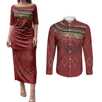 Aotearoa Maori Waikato Tainui Iwi Couples Matching Puletasi and Long Sleeve Button Shirt Korowai Tukutuku Kaokao Motifs
