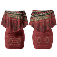 Aotearoa Maori Waikato Tainui Iwi Family Matching Off Shoulder Short Dress and Hawaiian Shirt Korowai Tukutuku Kaokao Motifs